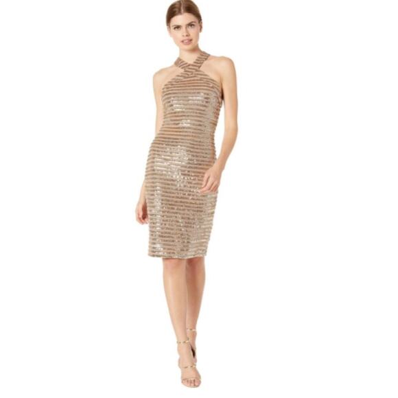 Trina Turk Melody Gold Sequin Halter Cocktail Party Dress Champagne Size 6 - Picture 1 of 11